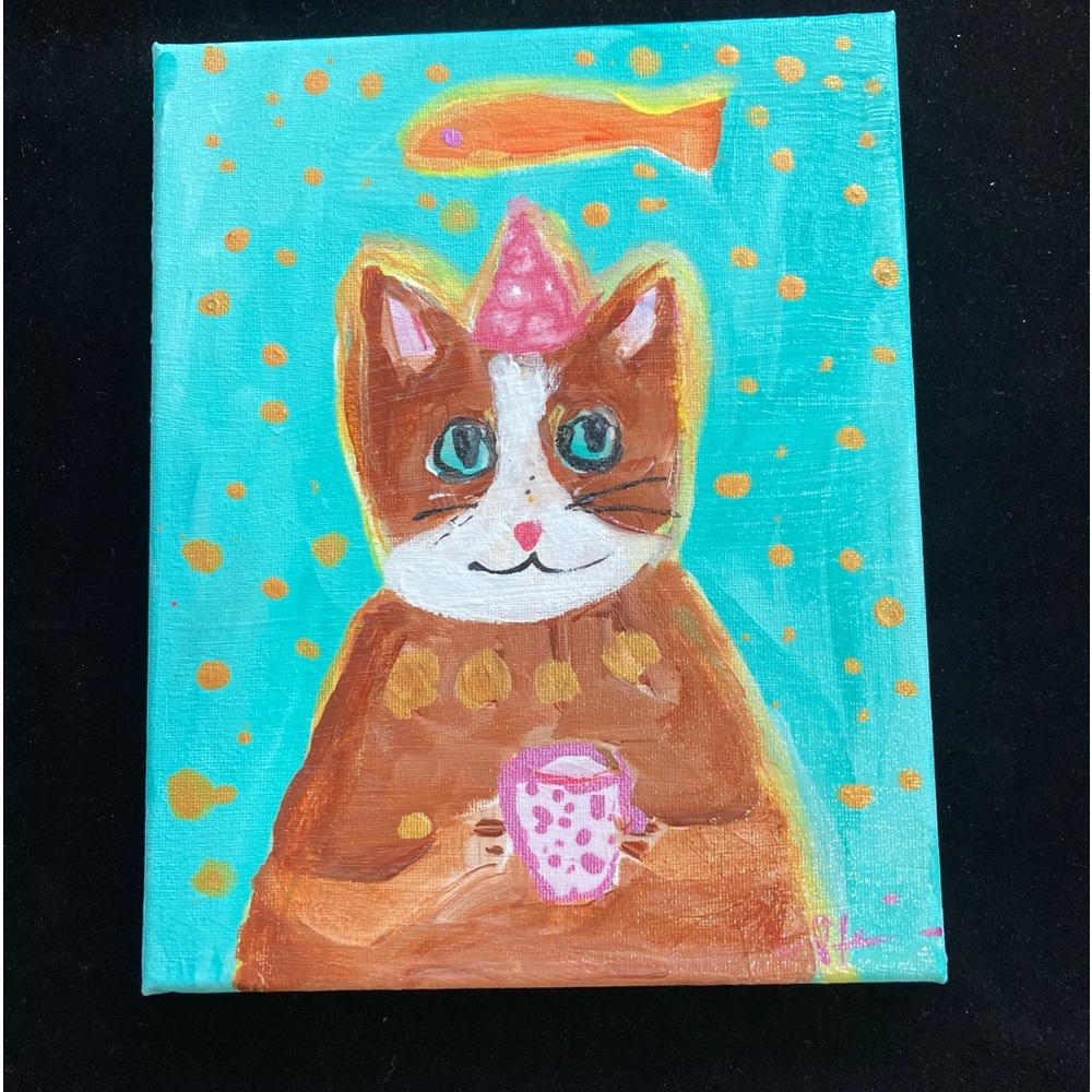 Cat with Coffee and Snacks Original Acrylic Painting on Canvas Handmade